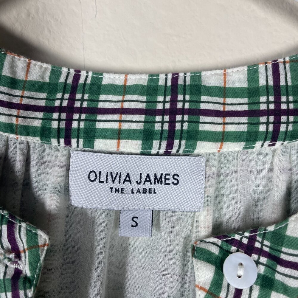 Olivia James the Label Women Short Bell Sleeve Plaid Green Button Front Dress Sm - Picture 5 of 6